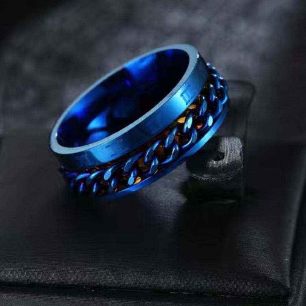 Blue Roman Numeral Chain Anxiety Fidget Spinner Ring - Picture 3 of 7